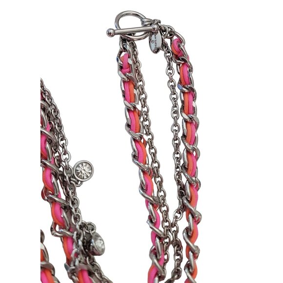 Ann Taylor Silver Tone Pink Orange Cord Crystal Stations Chain Necklace, E874 - Picture 6 of 8